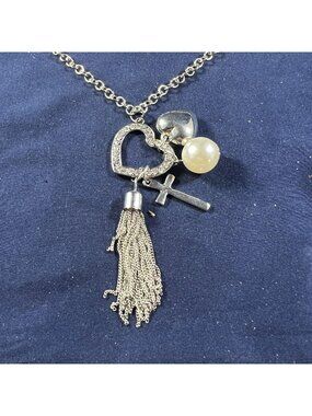 Silver Charm Necklace W/ Heart Cross Pearl & Tassel Pendants Adjustable Chain Km